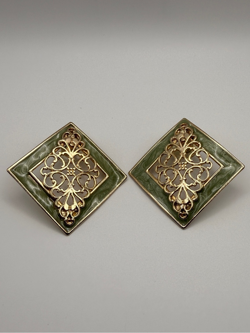 Vintage Gold Tone Filigree Green Enamel Post Back Statement Earrings
